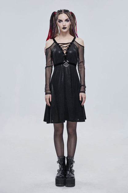 Black Stretch Knit Patchwork Fine Mesh V Neck Cross Tie Metal Pentagram Buckle Strap Women's Punk Dress