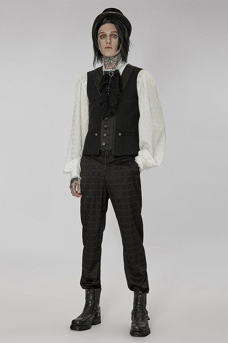 Black Punk Jacquard V-Neck Stitching Three Dimensional Engraving Hand Sewn Button Lace Short Men's Vest