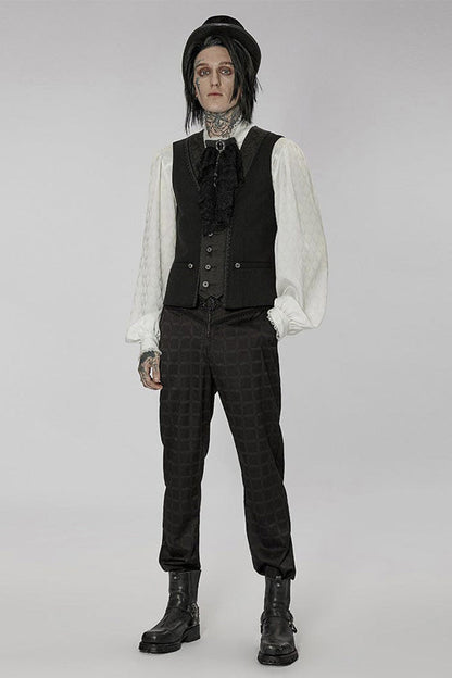 Black Punk Jacquard V-Neck Stitching Three Dimensional Engraving Hand Sewn Button Lace Short Men's Vest