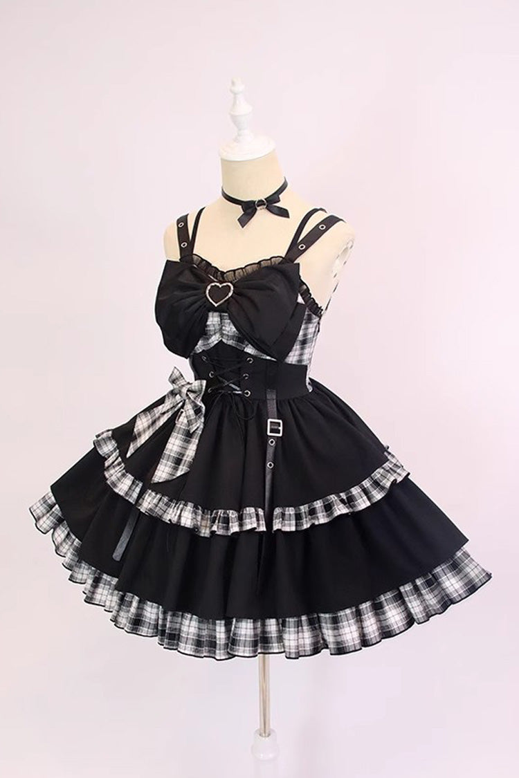 Black/White Plaid Print Color Contrast Leather Buckle Bowknot Ruffle Gothic Lolita JSK Dress
