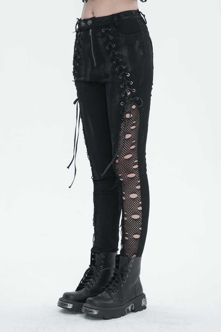 Black Stretch Twill Paneled Mesh Perforated Women's Punk Trousers