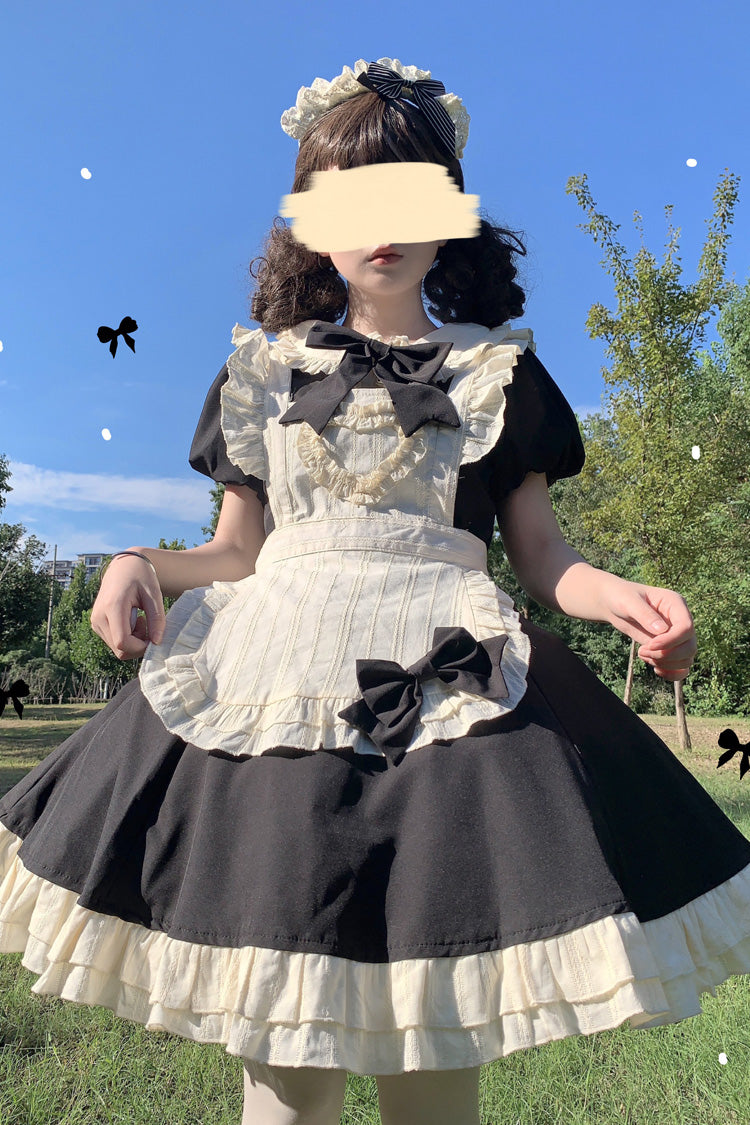 Black/White Maid Long Sleeves Ruffle Bowknot Stitching Sweet Short Lolita Dress