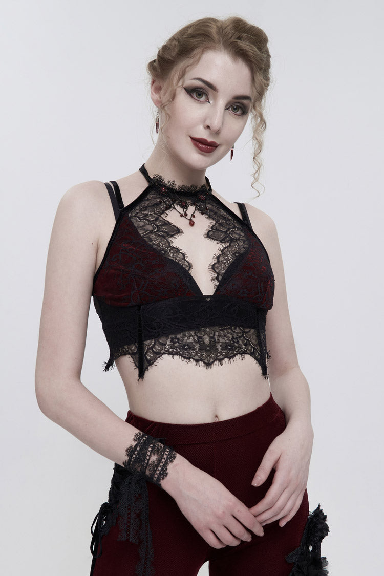 Red Velvet Chest Cutout Lace Hidden Side Zipper Sexy Women's Gothic Halter Lingerie