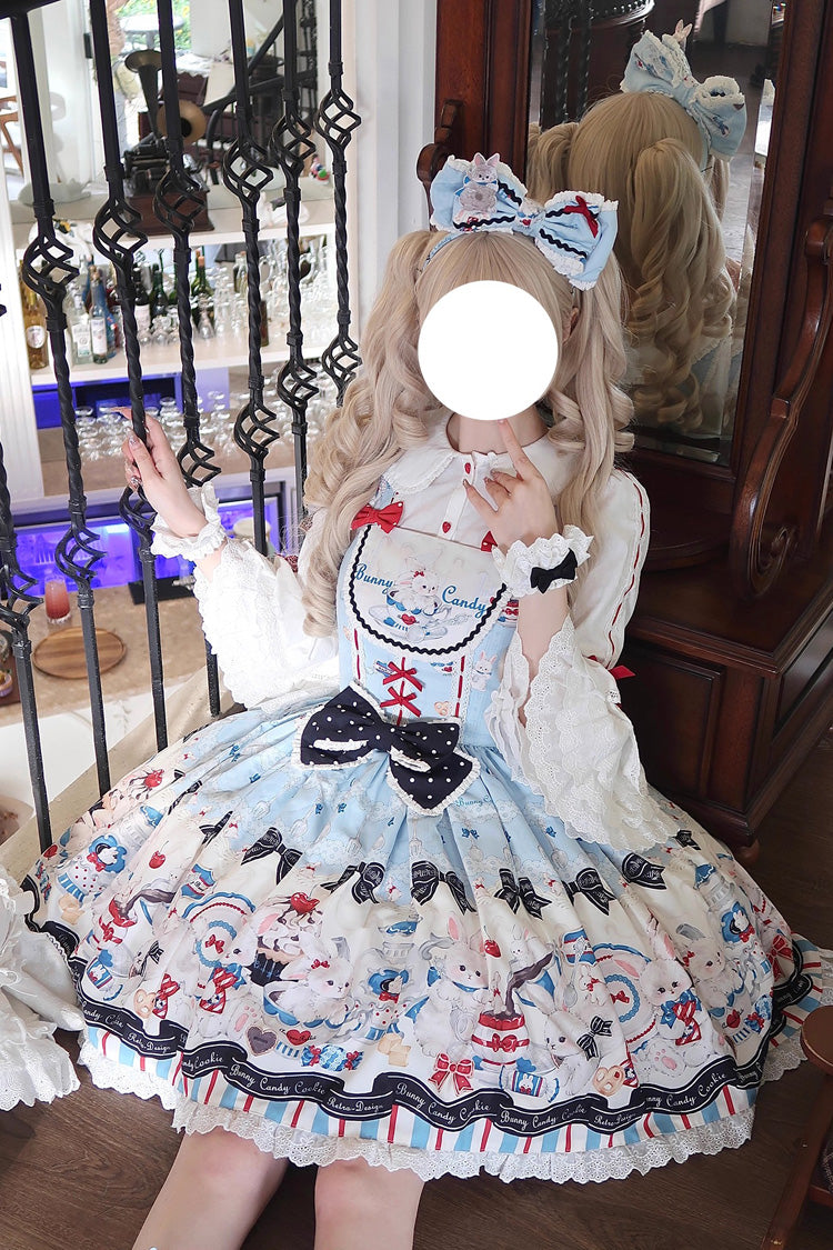 Blue [Mystery Rabbit Tea Party] Sleeveless Print Ruffle Bowknot Lace Sweet Lolita Jsk Dress