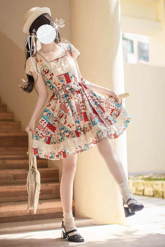 Multi-Color [Linlang Painting Shop] Sleeveless Multi-Layered Print Ruffle Sweet Vintage Lolita Jumper Dress