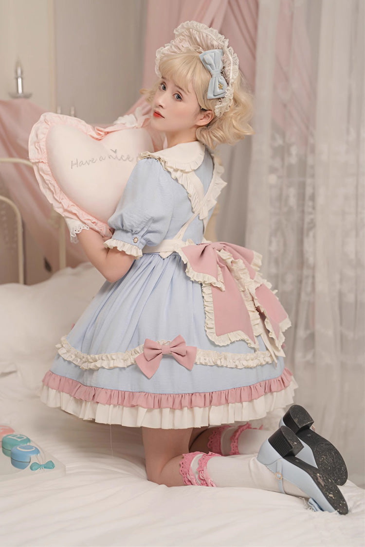 Blue Short Puff Sleeves Ruffle Bowknot Maid Sweet Princess Lolita Dress