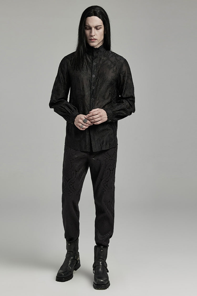 Black Stand Collar Jacquard Embroidery Men's Gothic Blouse