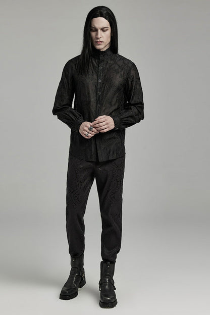 Black Stand Collar Jacquard Embroidery Men's Gothic Blouse