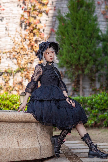 Black Solid Color Tower of Dawn Bowknot Sleeveless Ruffle Gothic Lolita Dress