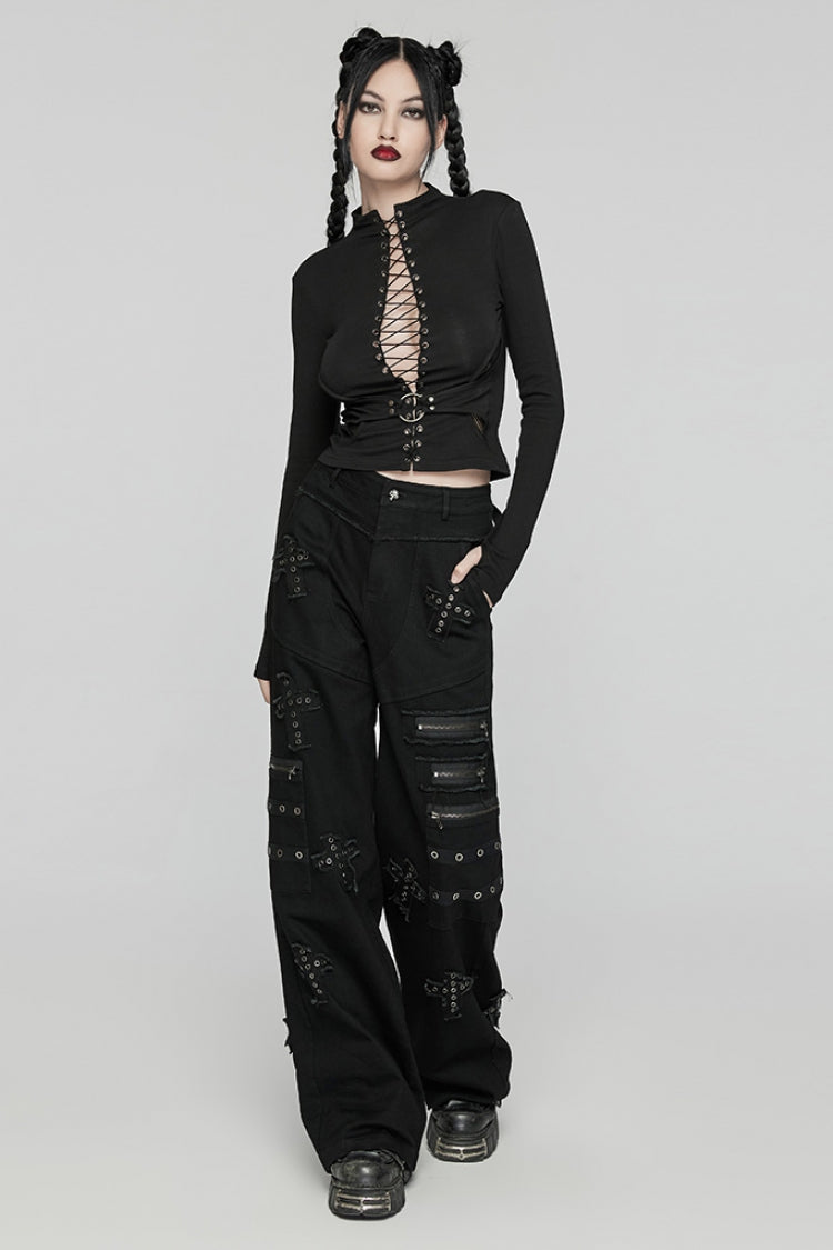 Black Women's Punk Cross Patch Big-pocket Denim Pants