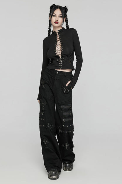 Black Women's Punk Cross Patch Big-pocket Denim Pants