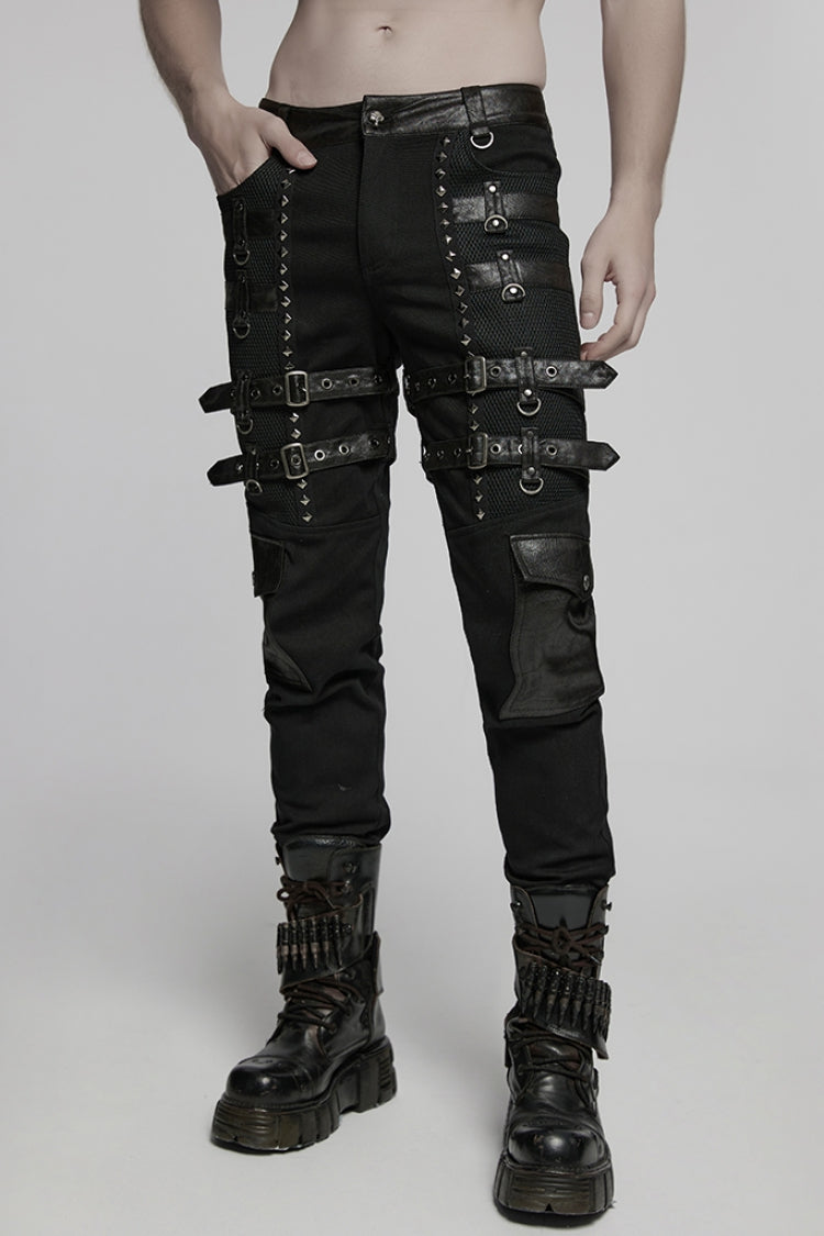 Black Stitching Mesh Buckle Straps Studded Men's Punk Pants