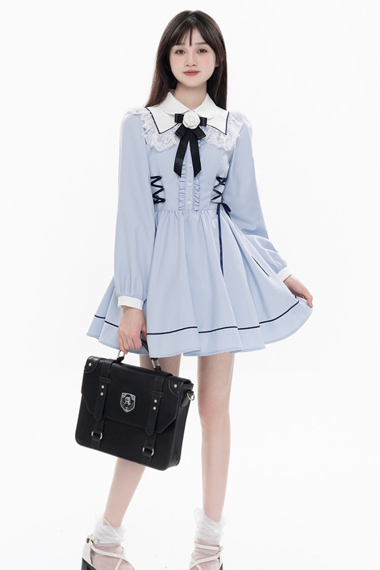 Blue Lapel Collar Long Sleeves Bowknot Lace-Up Jirai Kei Dress