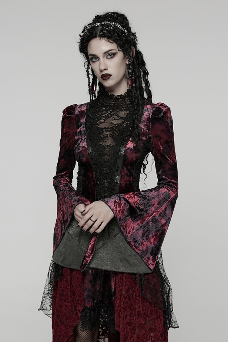 Black/Red Long Trumpet Sleeves Spliced Lace Lace-Up Women's Gothic Blouse