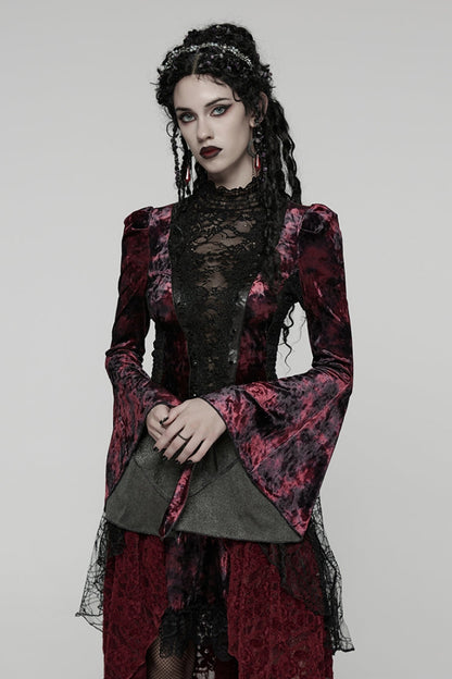 Black/Red Long Trumpet Sleeves Spliced Lace Lace-Up Women's Gothic Blouse