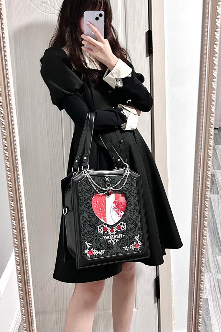 Black [Rose Thorns] Cut-Out Embroidered Chain-Decorated Gothic Lolita Itabag