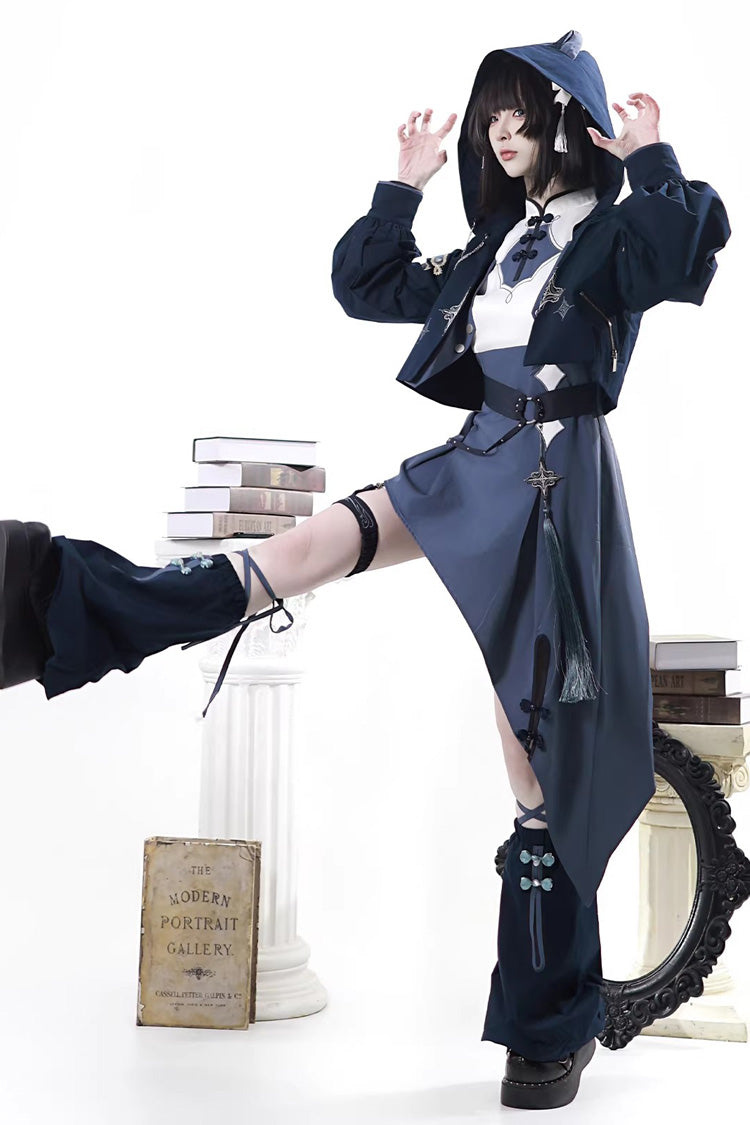 Blue [Indigo Shadow Journey] Stand Collar Long Sleeves Embroidered Hooded Asymmetric Punk Ouji Lolita Dress Four-Piece Set