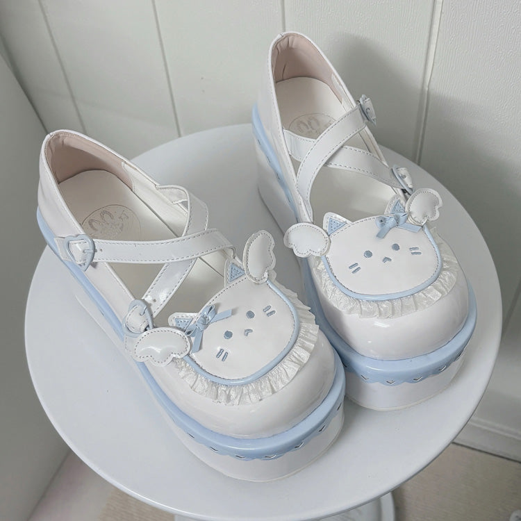 Cat Design Ruffled Cross Strap Round-Toe Daily Sweet Lolita Platform Shoes 4 Colors
