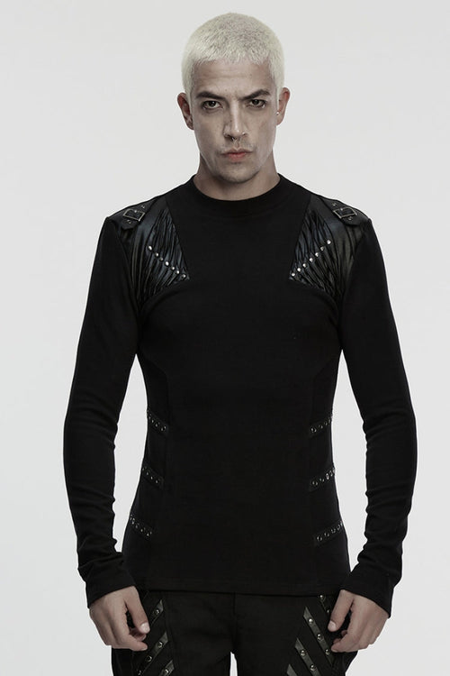 Black Round Collar Long Sleeves Buckled Strappy Pleated Eyelet Men's Punk Top