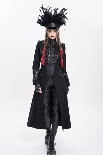 Black Stand Collar Long Sleeves Buckle Chain Women's Punk Jacket