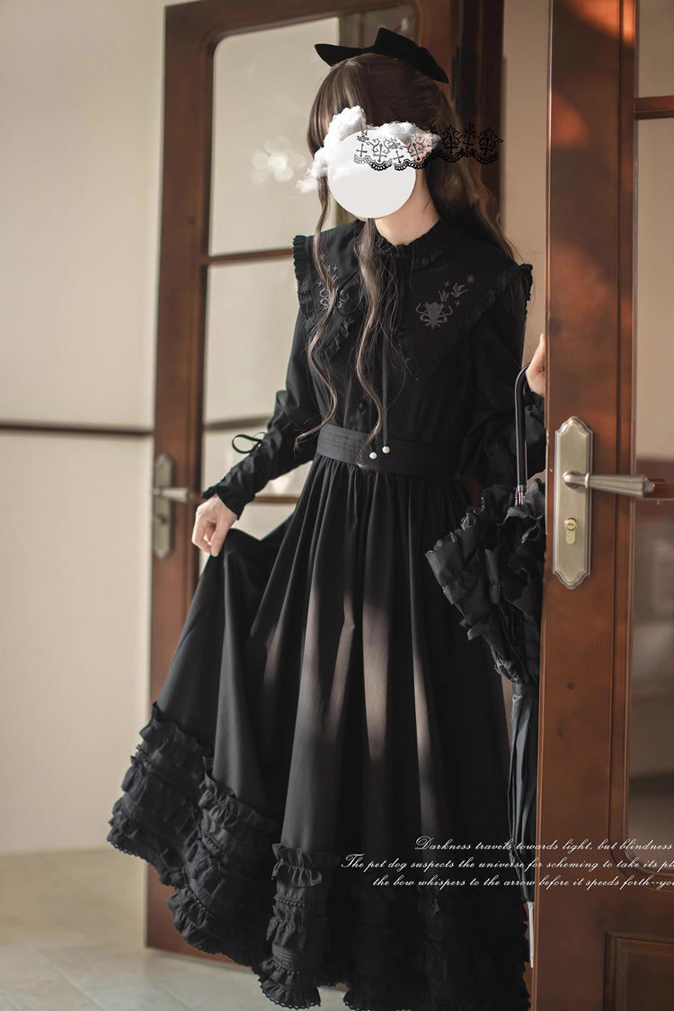 Black [Wind Kissed Tulips] Long Sleeves Ruffle Embroidery Bowknot Gothic Vintage Elegant Lolita Dress