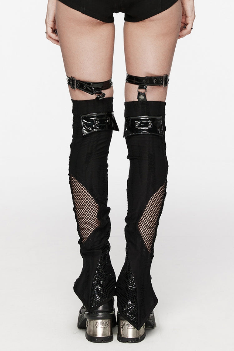 Black Stitching Irregular Mesh Buckle Women's Punk Leg Warmer with Garter