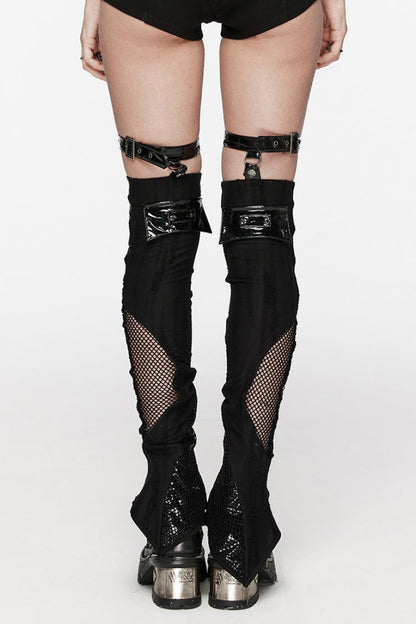 Black Stitching Irregular Mesh Buckle Women's Punk Leg Warmer with Garter