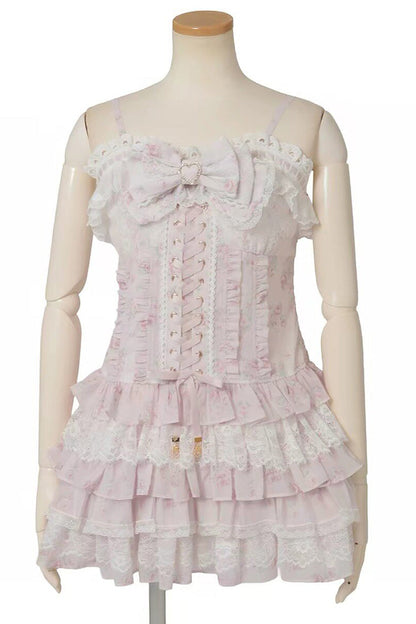 Jirai Kei Long Sleeves Multi-Layered Printed Ruffled Bow Sweet Dress 3 Colors