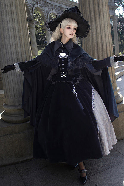 Black Witch Long Sleeves Ruffle Bowknot Stitching Lace Gothic Lolita Long Dress