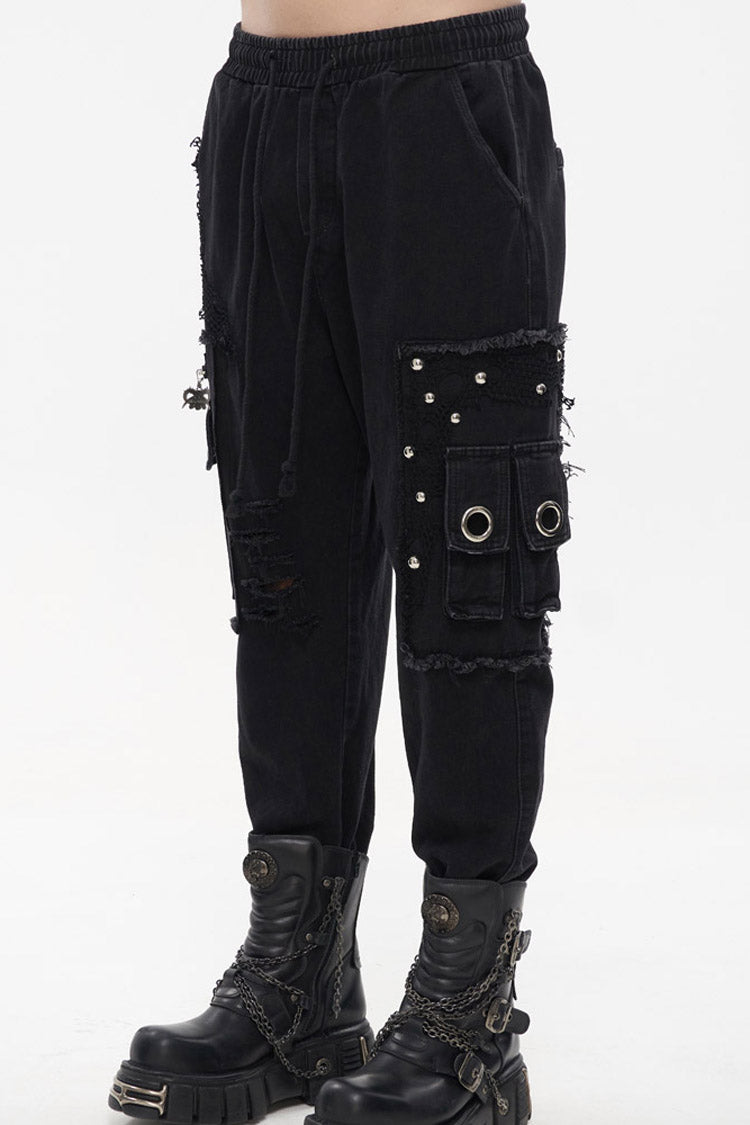 Black Punk Basic Funds Metal Pentagram Crackle Men's Pants
