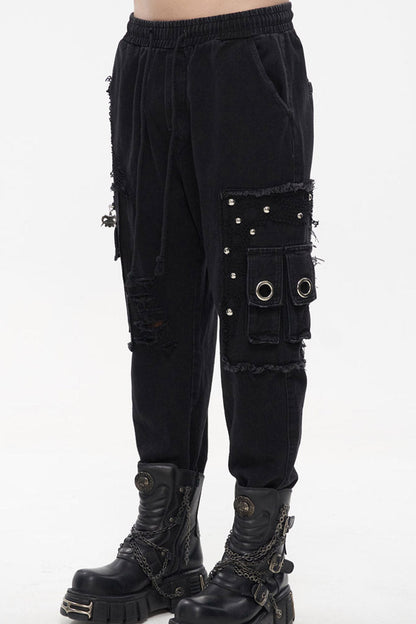 Black Punk Basic Funds Metal Pentagram Crackle Men's Pants