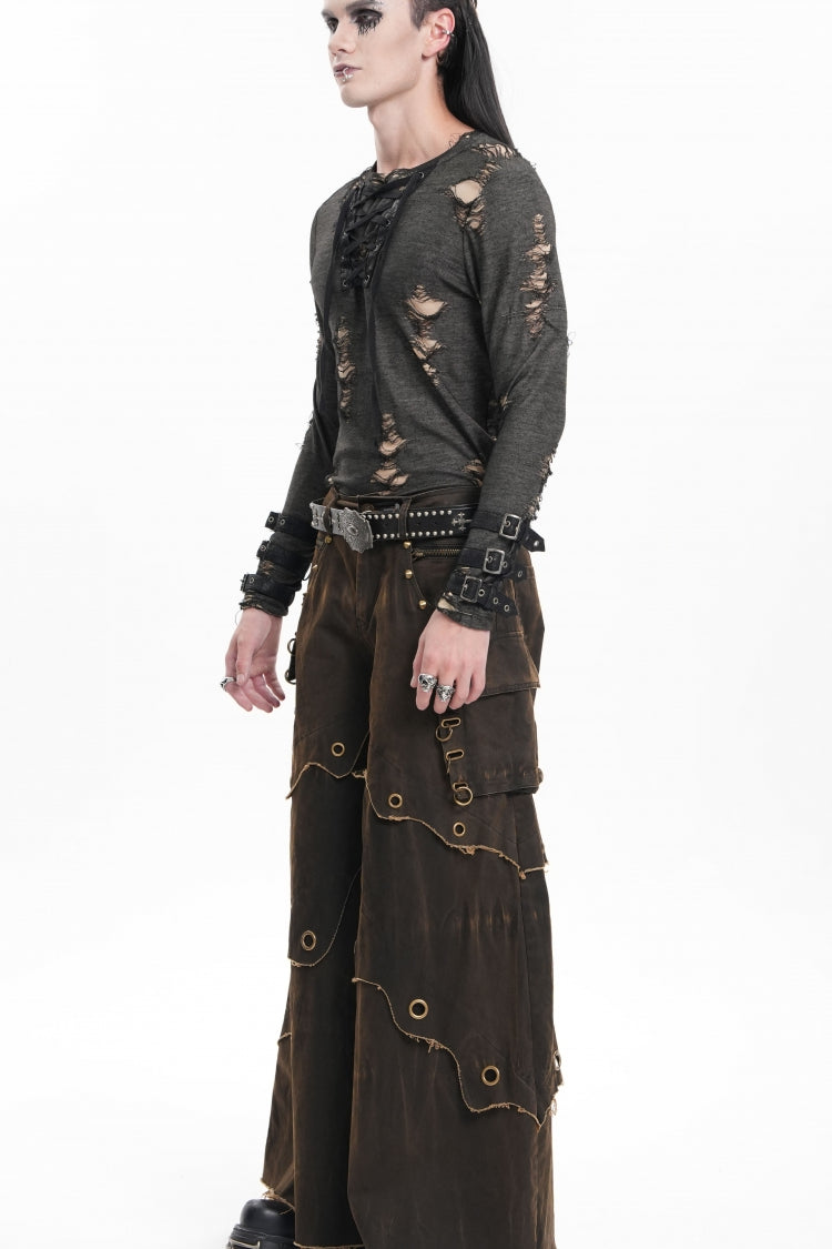 Coffee Eyelet Men's Gothic Pants Pocket Trousers