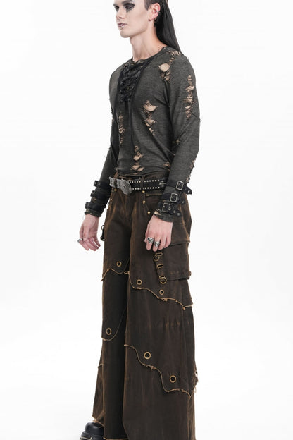 Coffee Eyelet Men's Gothic Pants Pocket Trousers