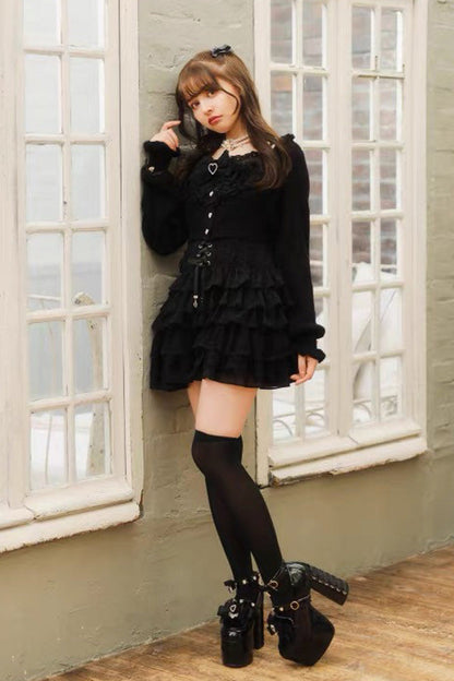 Jirai Kei Long Sleeves Multi-Layered Printed Ruffled Bow Sweet Dress 3 Colors