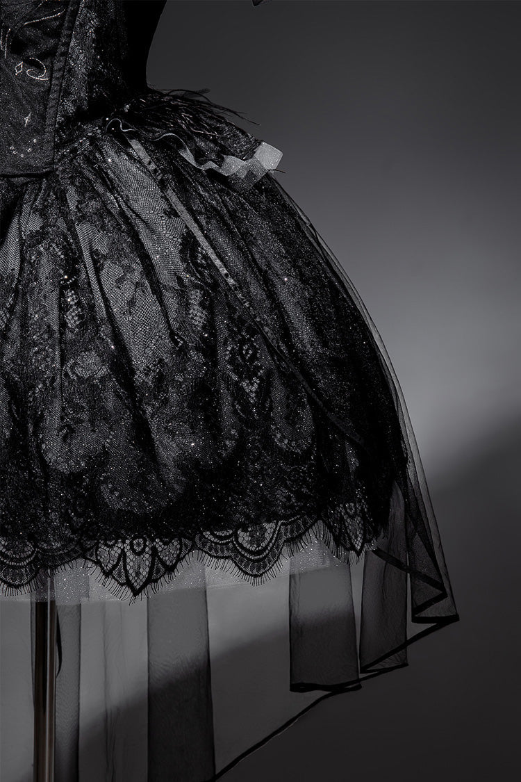 Black [Star Swan Dream] Ruffle Embroidery Bowknot Lace Gothic Lolita Jsk Dress