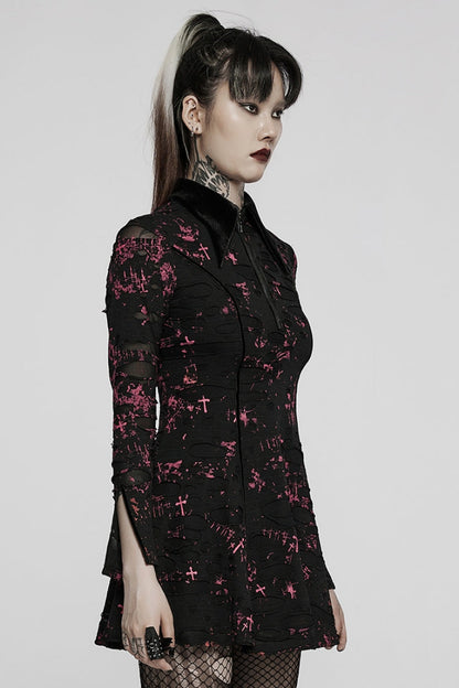 Black/Red Long Sleeves Print Slim Ripped Tie-dyed Women's Gothic Dress
