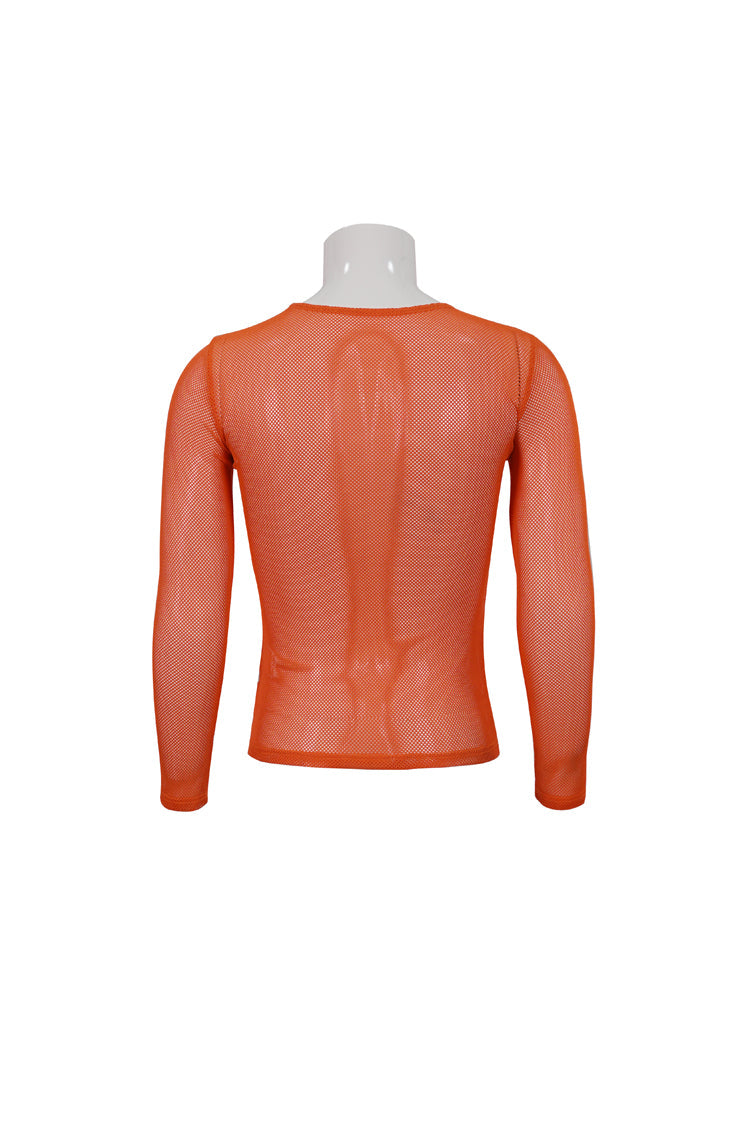 Orange Elasticity High Neck Long Sleeve Mesh Men's Gothic T-Shirt