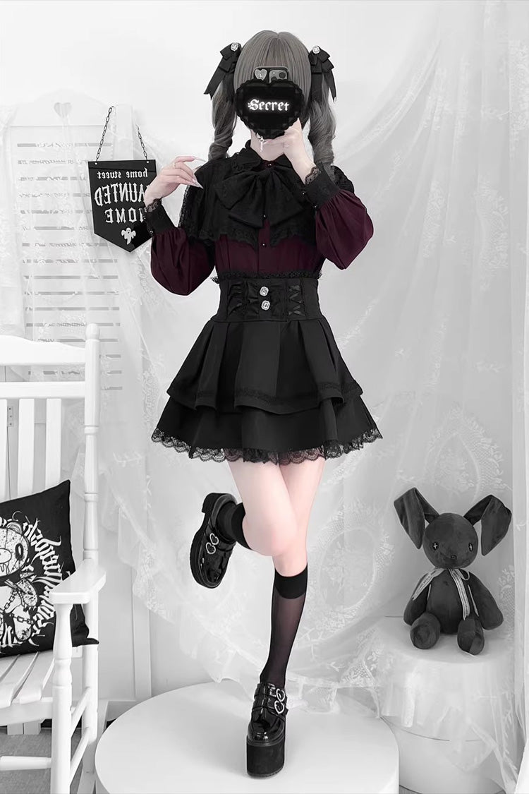 [Dark Moon Shadow] Long Sleeves Double-Layered Ruffled Embroidered Bow Lace-Up Gothic Jirai Kei Lolita Top + Skirt Set