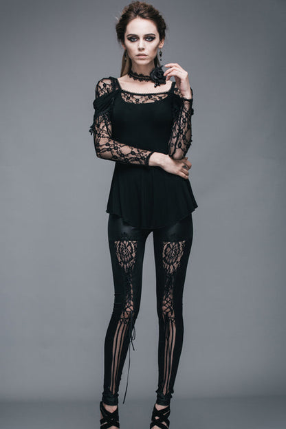 Black Rose Lace Long Sleeves Modal Womens Gothic T-Shirt