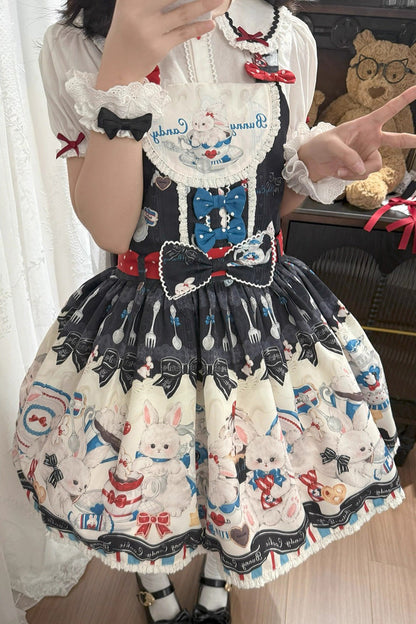 Black [Mystery Rabbit Tea Party] Sleeveless Print Bowknot Lace Sweet Lolita Strap Dress