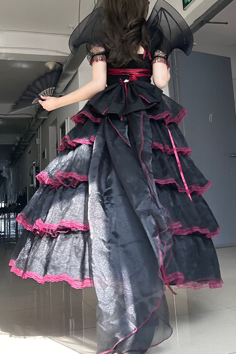 Black/Red Short Sleeves Multi-Layered Ruffle Hanayome Bowknot Lace Plus Size Sweet Lolita Dress (Long Version)