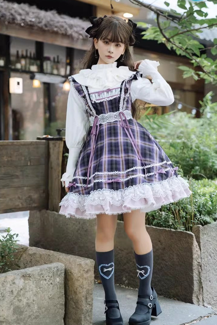 Black/Purple [Endless Summer] High Waisted Printed Ruffled Bow Lace Sweet Princess Lolita Jsk Dress 2 Versions