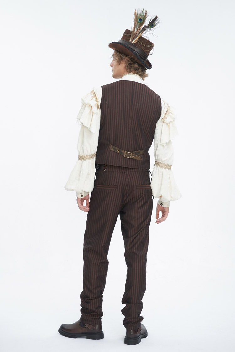 Brown Striped V Collar Stitching Slim Men's Gothic Vest