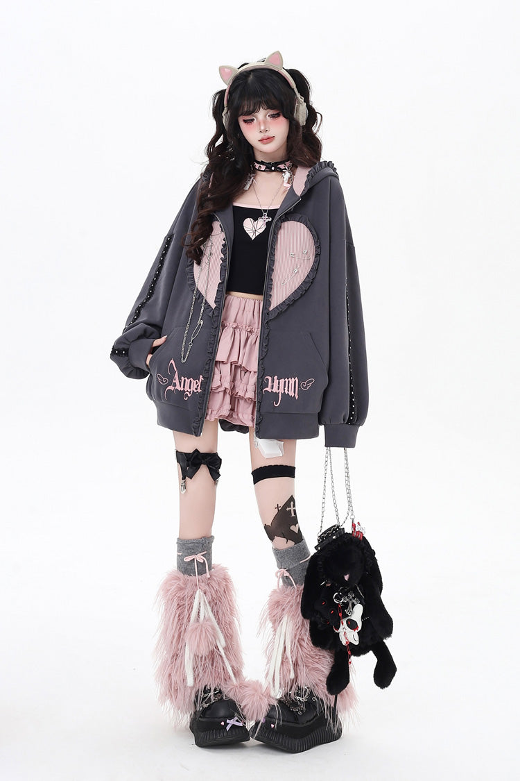 [Striped Bunny Ears] Long Sleeves Heart Print Embroidery Hooded Zipper Sweet Jirai Kei Cool Lolita Coat 2 Colors