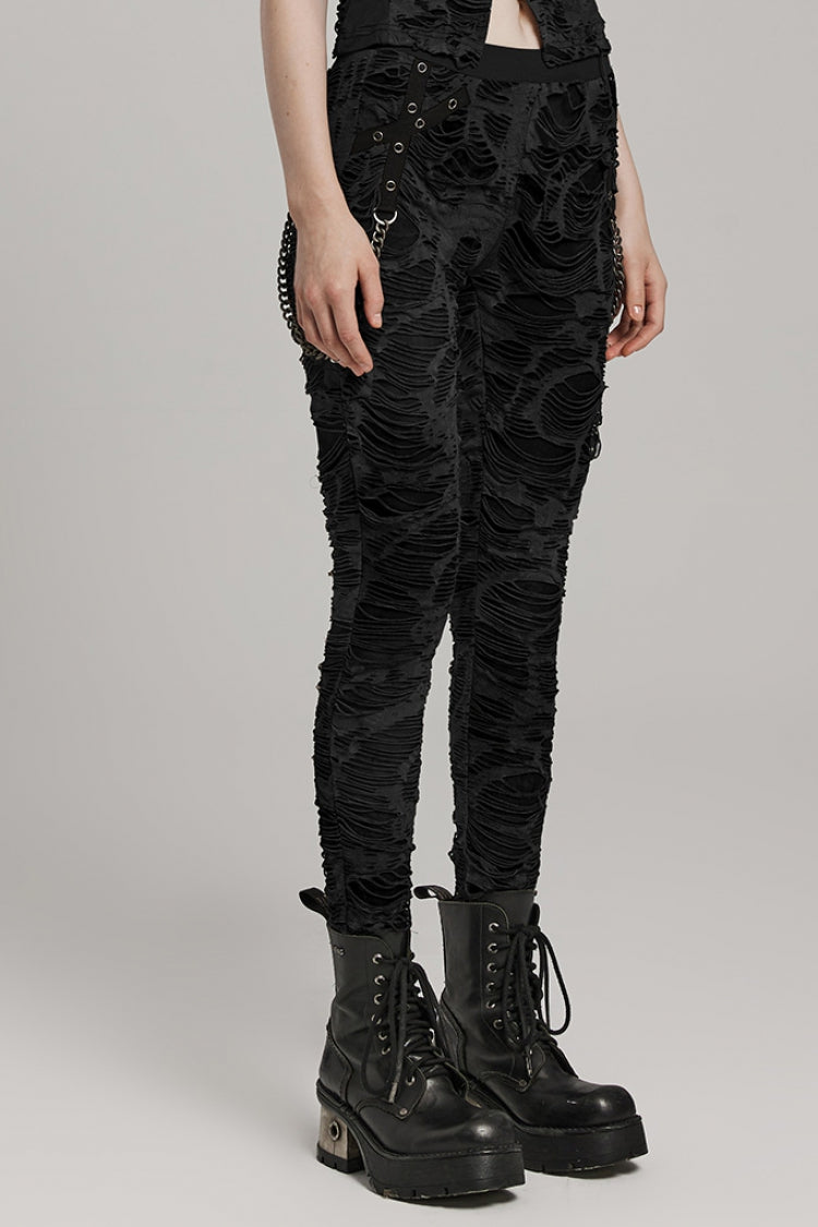 Slim Ripped Eyelet Chain Women's Steampunk Leggings 2 Colors