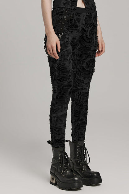 Slim Ripped Eyelet Chain Women's Steampunk Leggings 2 Colors