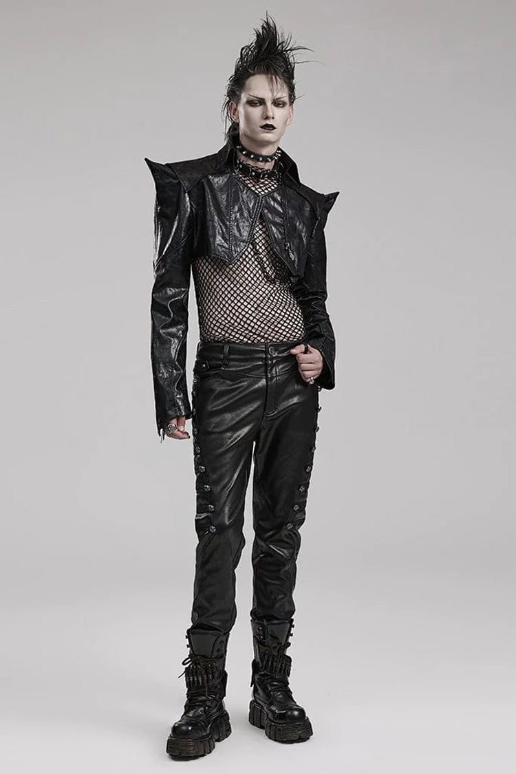 Black Stand Collar Zipper Faux Leather Sharp Shoulders Mens Steampunk Short Coat