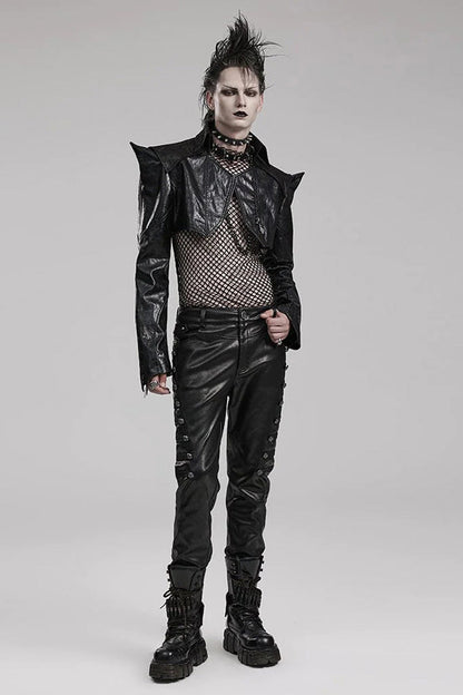 Black Stand Collar Zipper Faux Leather Sharp Shoulders Mens Steampunk Short Coat