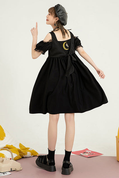 Black Puff Short Sleeve High Waisted Two Ways To Wear Before And After Sweet Lolita Dress