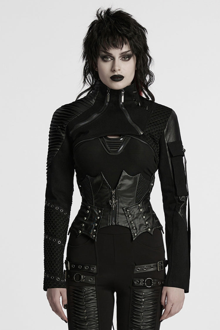 Black Stand Collar Long Sleeves Rivet Women's Gothic Short Jacket
